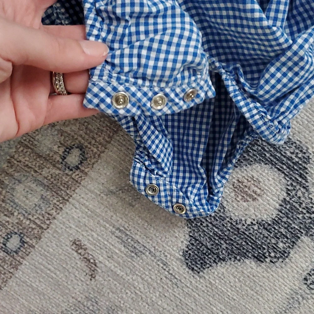 Gymboree Baby Girls Blue White Ginham Ric Rac Flower Sunsuit Romper Sz12-18m